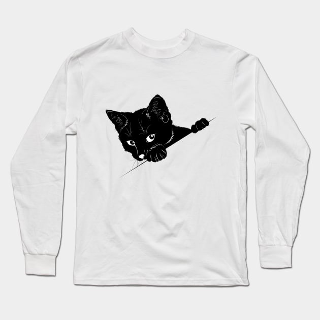 Black Cat Peeking Long Sleeve T-Shirt by Maful